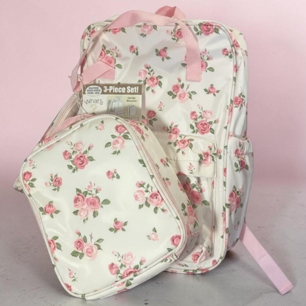 Confetti Roses 3 Pc Full Size Backpack, Matching Lunch Case and Pencil Case NWT